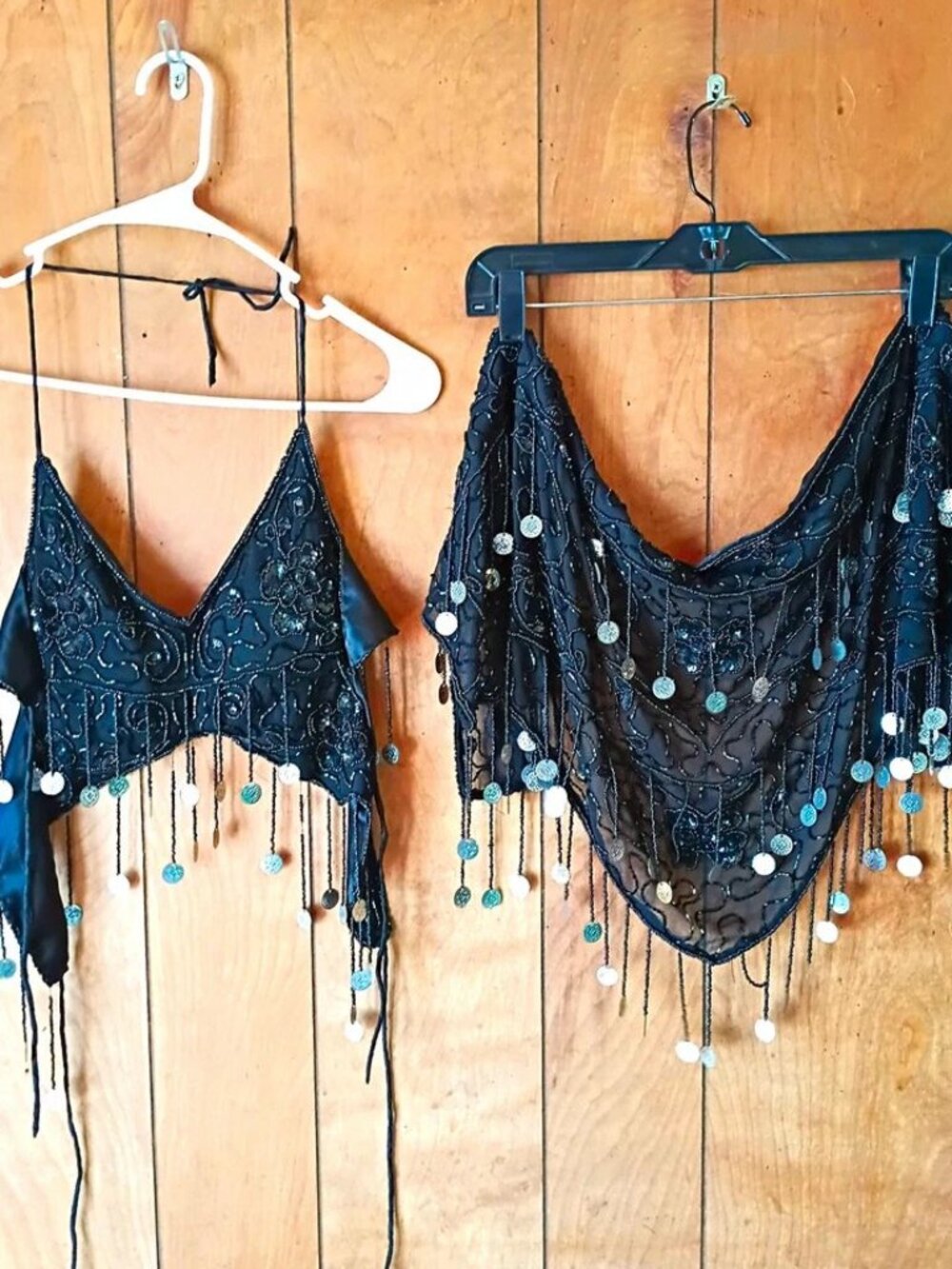 Women’s Black Belly Dance Bra Top & Hip Scarf Set Coin Fringe Embroidered costum
